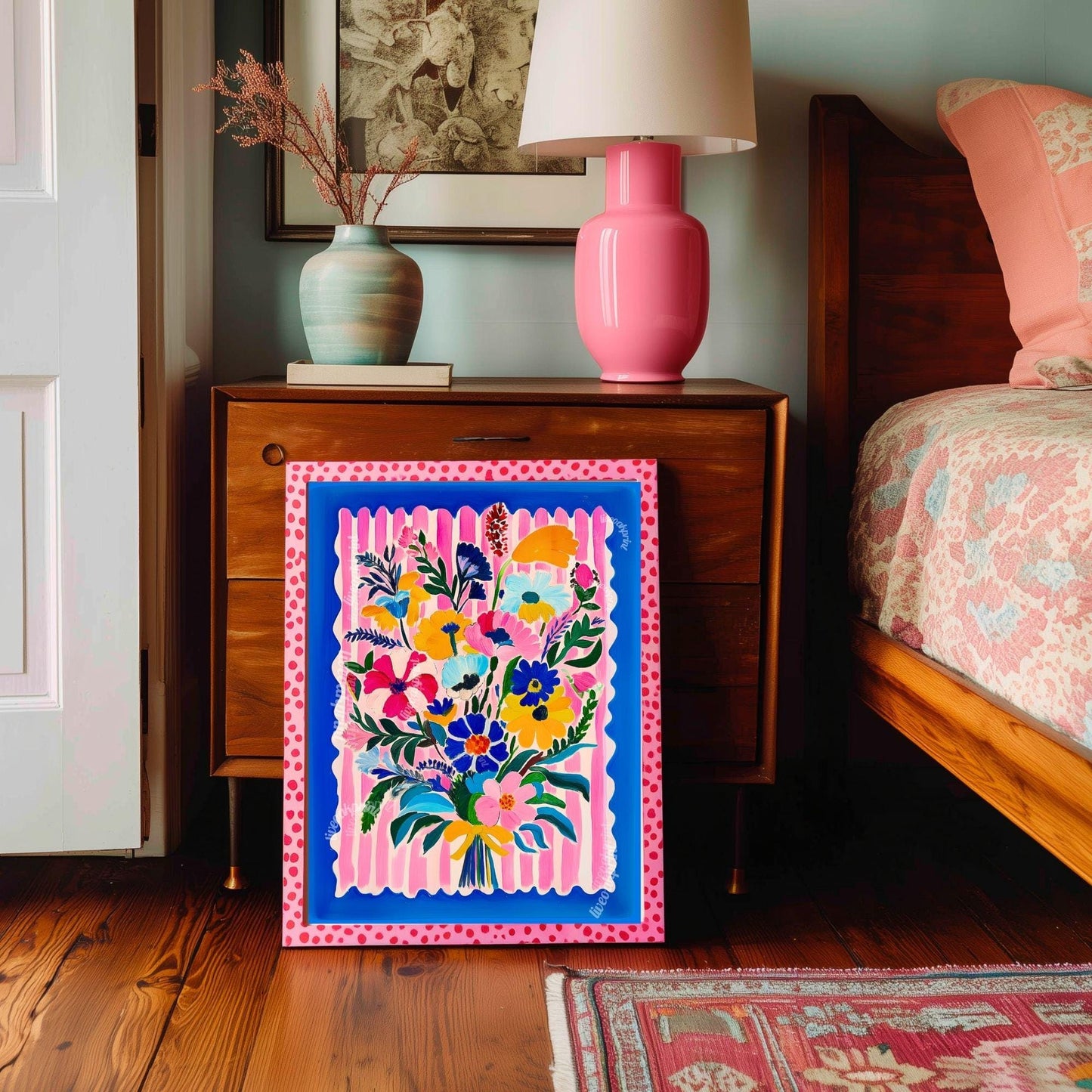 Bold Bright Floral Bouquet Wall Art – Colorful Flower Poster with Pink Stripes & Blue Border – Cheerful Art Print for Living Room