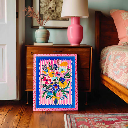 Bold Bright Floral Bouquet Wall Art – Colorful Flower Poster with Pink Stripes & Blue Border – Cheerful Art Print for Living Room