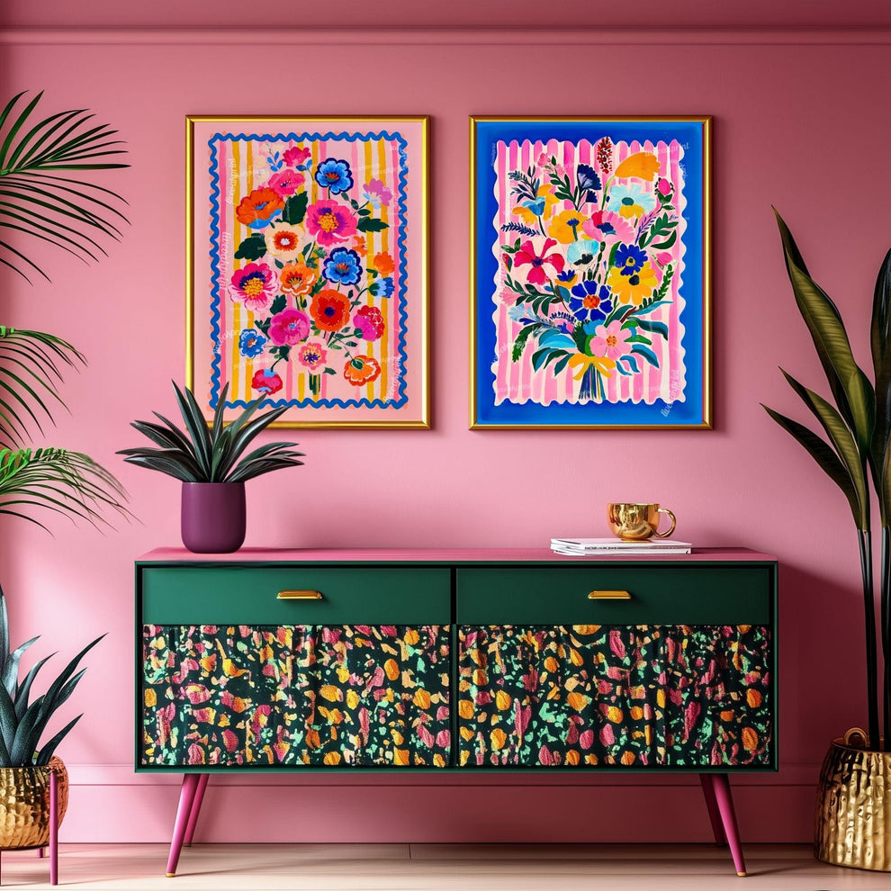 Bold Bright Floral Bouquet Wall Art – Colorful Flower Poster with Pink Stripes & Blue Border – Cheerful Art Print for Living Room
