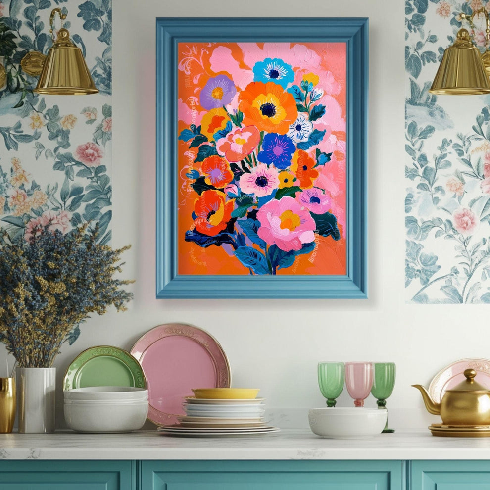 Electric Garden Bloom Print – Colorful Floral Wall Art for Maximalist Home Decor – Bright Poster for Bedroom, Living Room or Gallery Wall