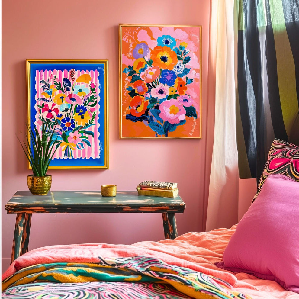 Electric Garden Bloom Print – Colorful Floral Wall Art for Maximalist Home Decor – Bright Poster for Bedroom, Living Room or Gallery Wall