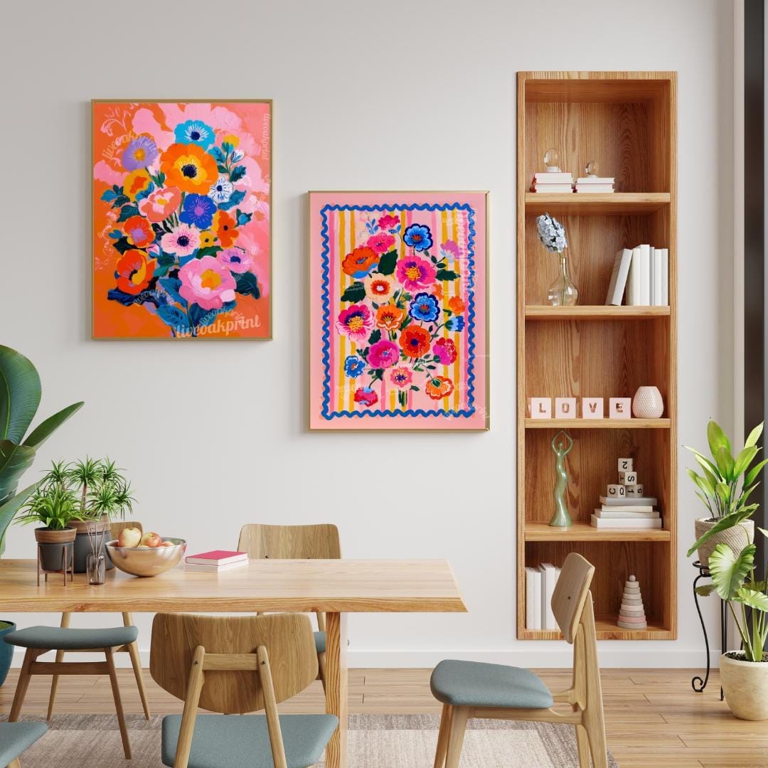 Pink and Orange Floral Art Set – Bold Maximalist Flower Prints – Vibrant Wall Art for Bedroom, Living Room, or Gallery Wall