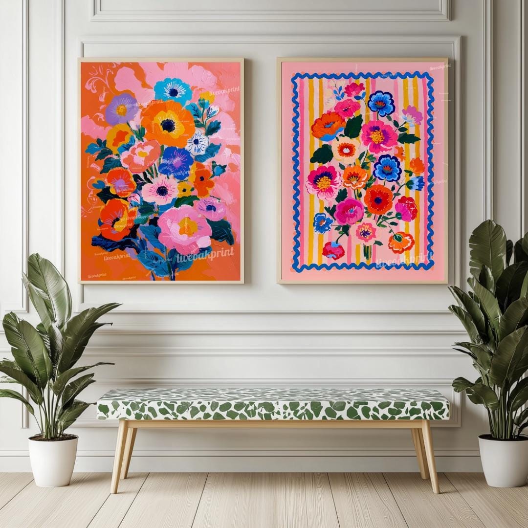 Pink and Orange Floral Art Set – Bold Maximalist Flower Prints – Vibrant Wall Art for Bedroom, Living Room, or Gallery Wall