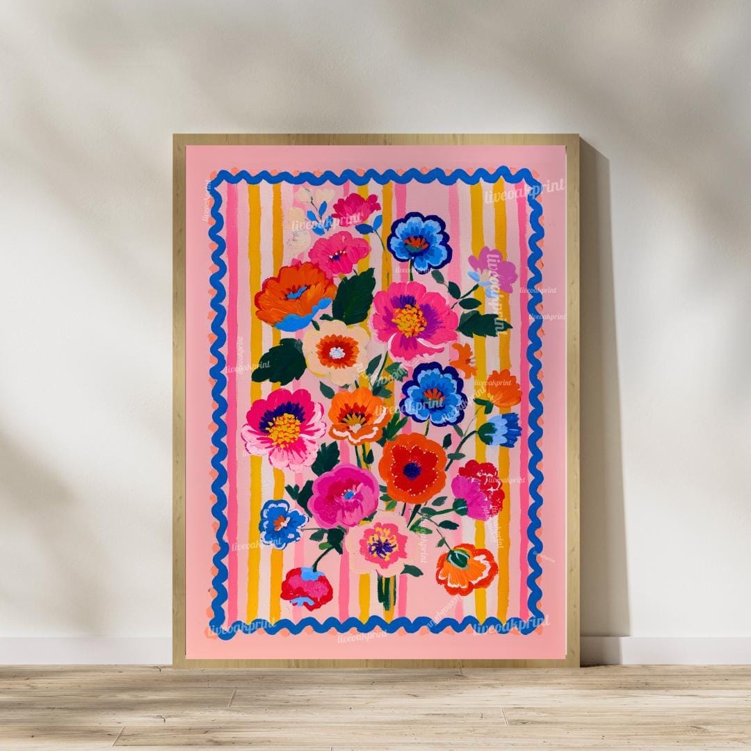 Pink and Orange Floral Art Set – Bold Maximalist Flower Prints – Vibrant Wall Art for Bedroom, Living Room, or Gallery Wall
