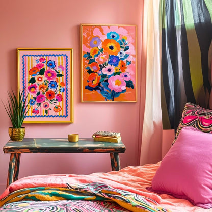 Pink and Orange Floral Art Set – Bold Maximalist Flower Prints – Vibrant Wall Art for Bedroom, Living Room, or Gallery Wall