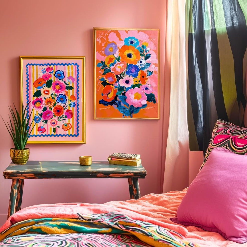Pink and Orange Floral Art Set – Bold Maximalist Flower Prints – Vibrant Wall Art for Bedroom, Living Room, or Gallery Wall