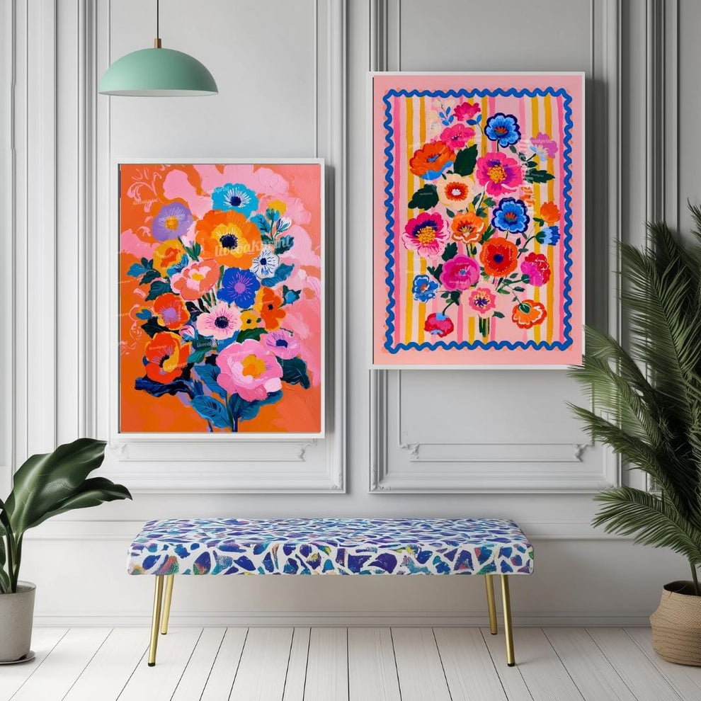 Pink and Orange Floral Art Set – Bold Maximalist Flower Prints – Vibrant Wall Art for Bedroom, Living Room, or Gallery Wall