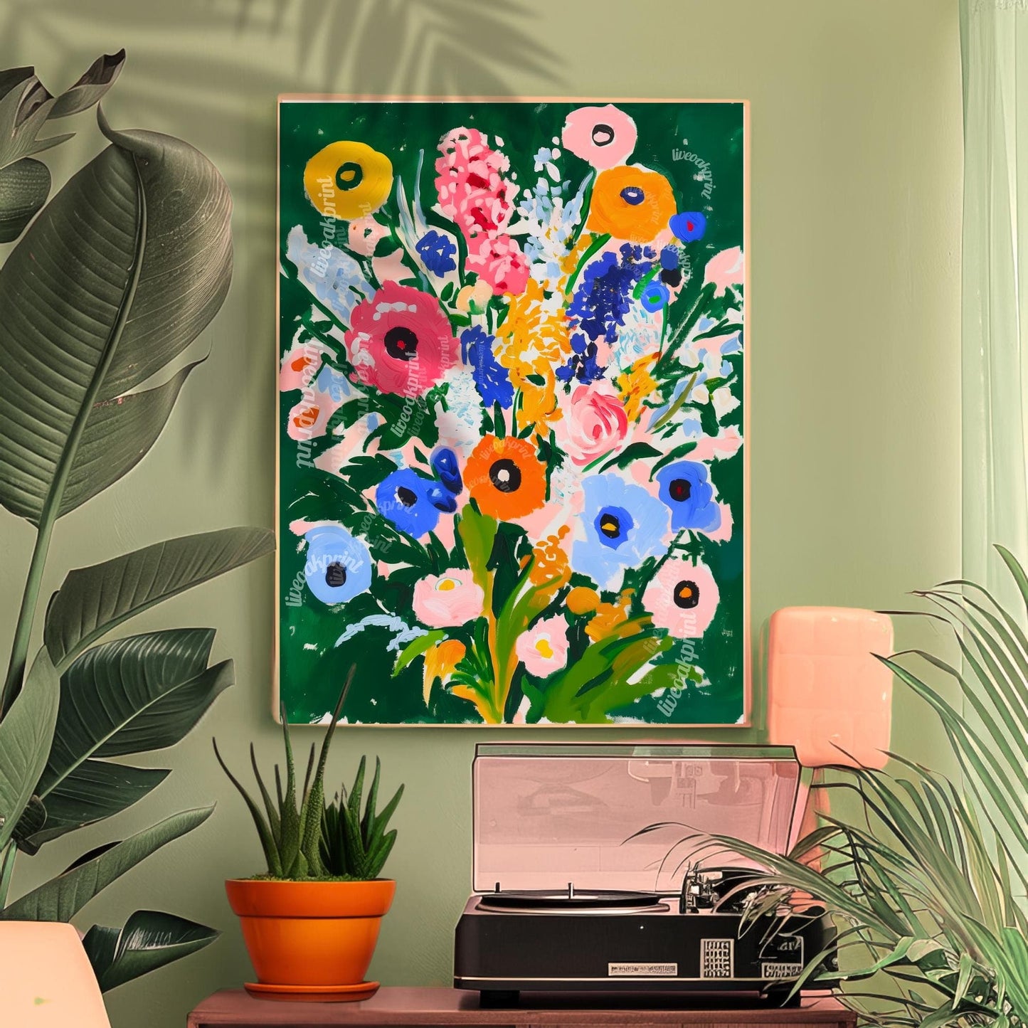 Moody Green Floral Wall Art – Colorful Cottagecore Wildflower Print in Pink Blue Yellow & Orange – Bold Botanical Art for Maximalist Decor
