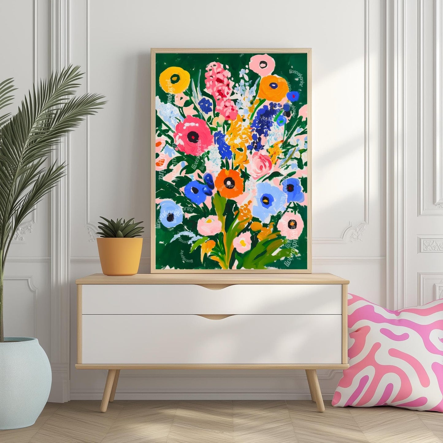 Moody Green Floral Wall Art – Colorful Cottagecore Wildflower Print in Pink Blue Yellow & Orange – Bold Botanical Art for Maximalist Decor