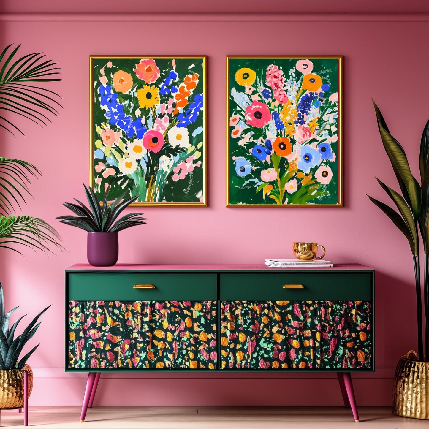 Moody Green Floral Wall Art – Colorful Cottagecore Wildflower Print in Pink Blue Yellow & Orange – Bold Botanical Art for Maximalist Decor