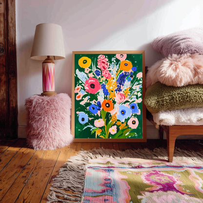 Moody Green Floral Wall Art – Colorful Cottagecore Wildflower Print in Pink Blue Yellow & Orange – Bold Botanical Art for Maximalist Decor