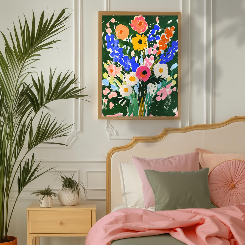 Bold Green Floral Wall Art Print – Vibrant Colorful Bouquet Poster, Cottagecore Maximalist Botanical Decor, Bright Flower Art for Bedroom