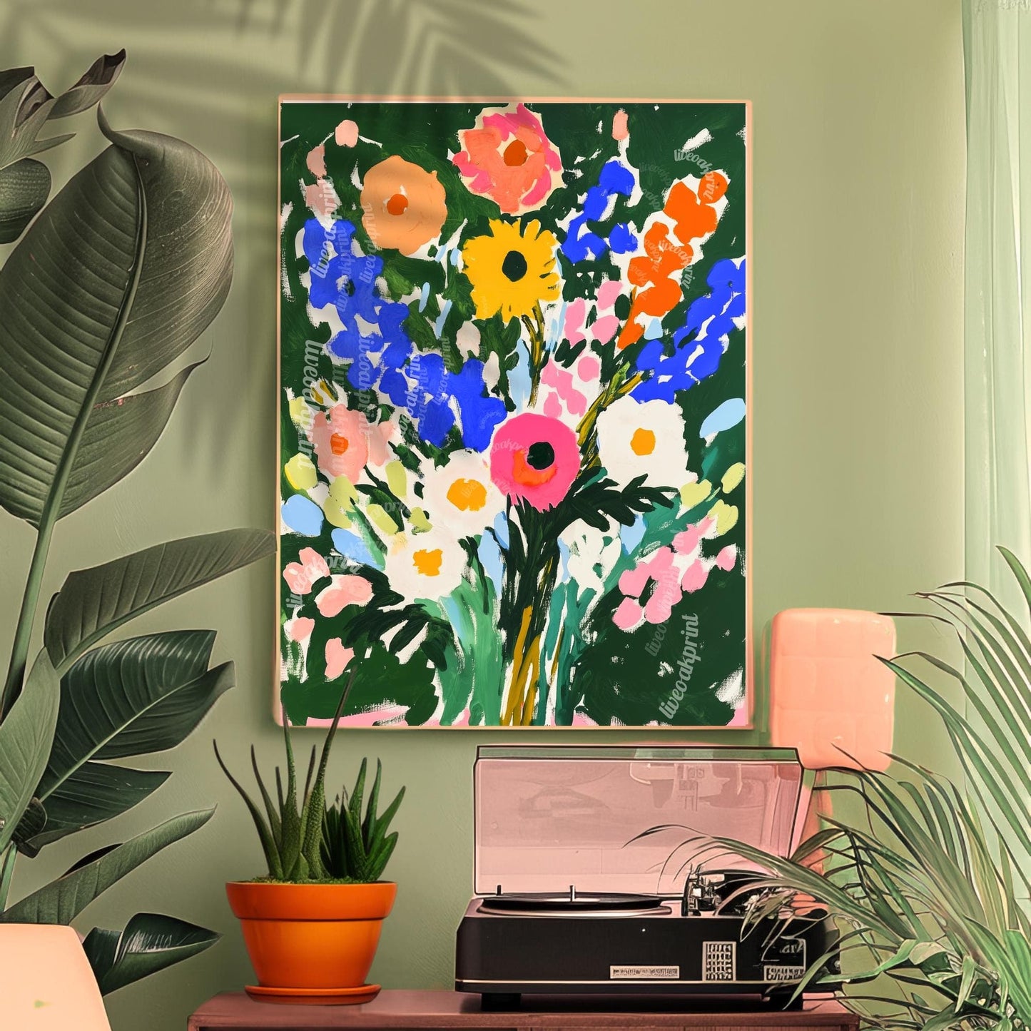 Bold Green Floral Wall Art Print – Vibrant Colorful Bouquet Poster, Cottagecore Maximalist Botanical Decor, Bright Flower Art for Bedroom