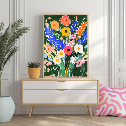 Bold Green Floral Wall Art Print – Vibrant Colorful Bouquet Poster, Cottagecore Maximalist Botanical Decor, Bright Flower Art for Bedroom