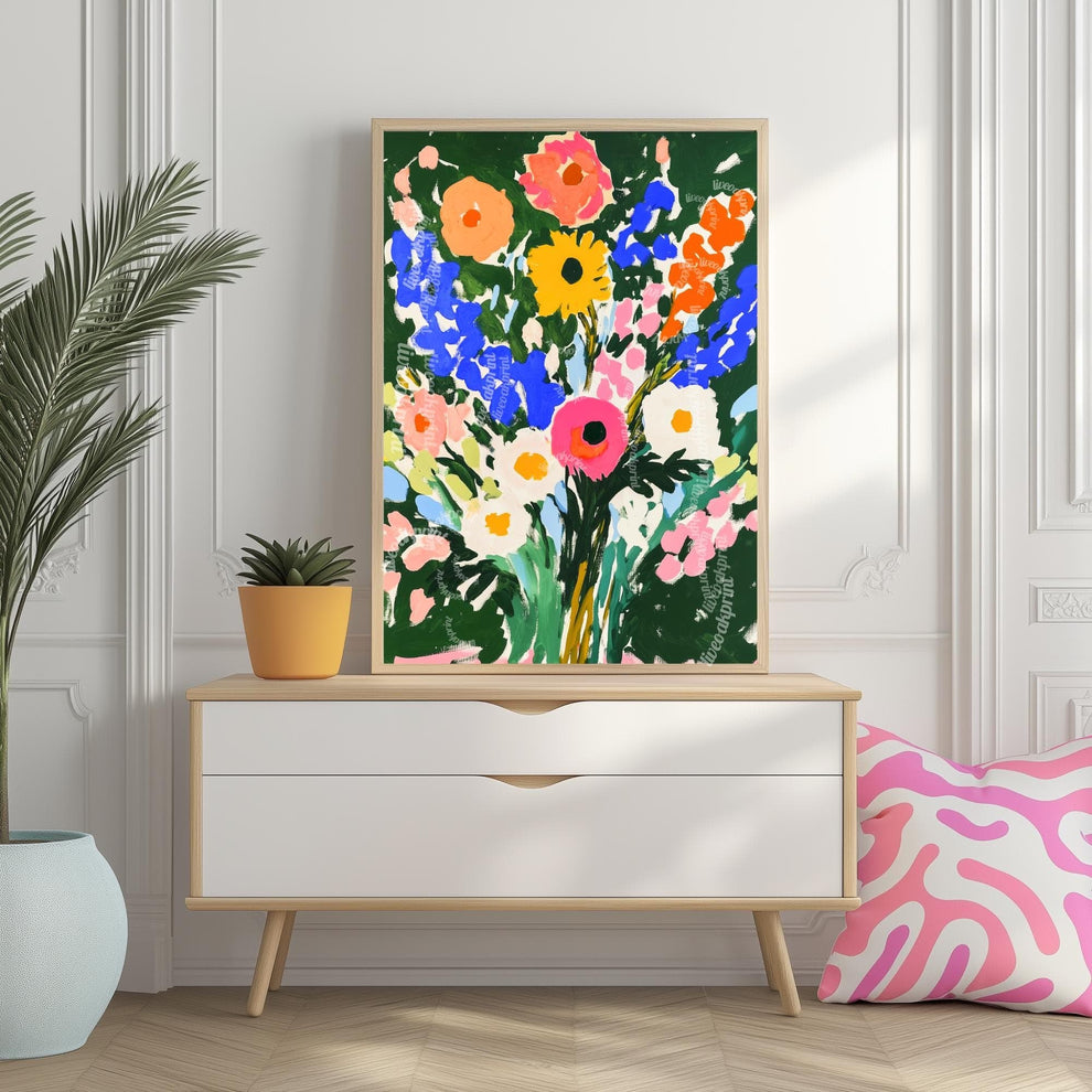Bold Green Floral Wall Art Print – Vibrant Colorful Bouquet Poster, Cottagecore Maximalist Botanical Decor, Bright Flower Art for Bedroom