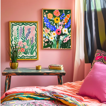 Bold Green Floral Wall Art Print – Vibrant Colorful Bouquet Poster, Cottagecore Maximalist Botanical Decor, Bright Flower Art for Bedroom