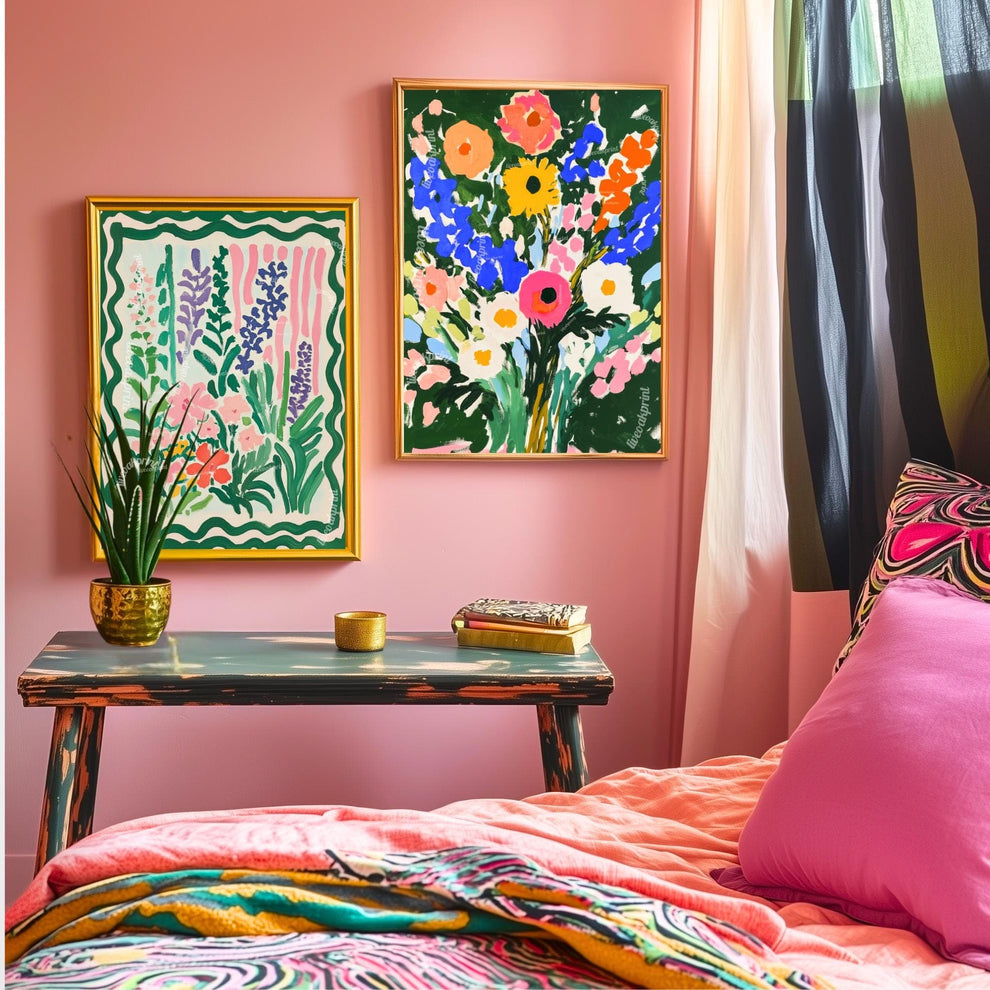 Bold Green Floral Wall Art Print – Vibrant Colorful Bouquet Poster, Cottagecore Maximalist Botanical Decor, Bright Flower Art for Bedroom