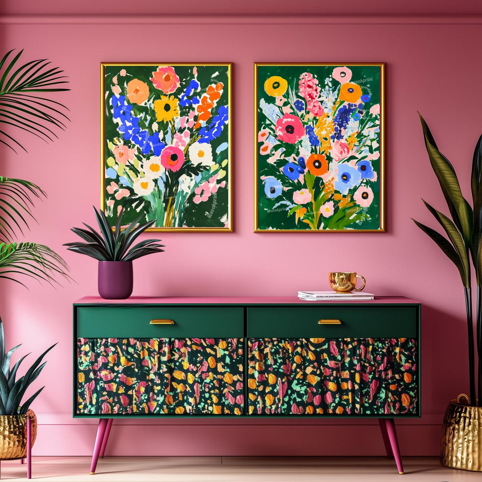 Bold Green Floral Wall Art Print – Vibrant Colorful Bouquet Poster, Cottagecore Maximalist Botanical Decor, Bright Flower Art for Bedroom