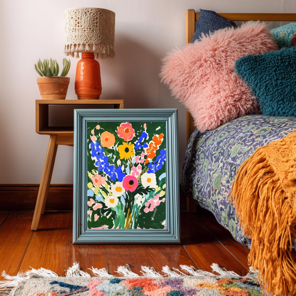 Bold Green Floral Wall Art Print – Vibrant Colorful Bouquet Poster, Cottagecore Maximalist Botanical Decor, Bright Flower Art for Bedroom