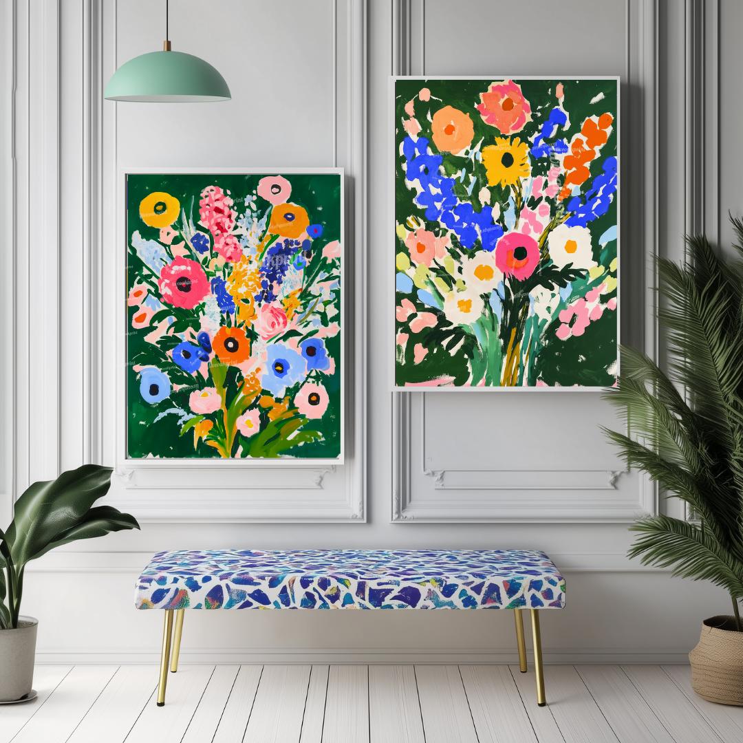 Green Floral Art Print Set of 2 – Bold Colorful Flower Wall Art, Botanical Maximalist Decor, Modern Cottagecore Bedroom or Gallery Wall