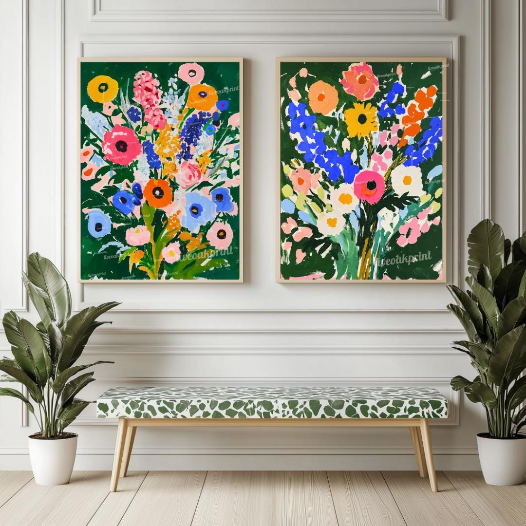 Green Floral Art Print Set of 2 – Bold Colorful Flower Wall Art, Botanical Maximalist Decor, Modern Cottagecore Bedroom or Gallery Wall