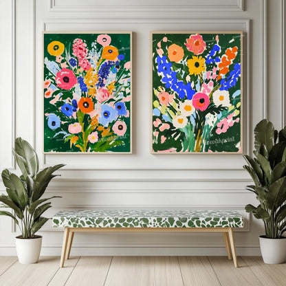Green Floral Art Print Set of 2 – Bold Colorful Flower Wall Art, Botanical Maximalist Decor, Modern Cottagecore Bedroom or Gallery Wall