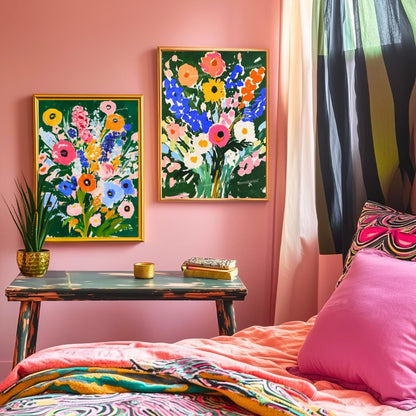 Green Floral Art Print Set of 2 – Bold Colorful Flower Wall Art, Botanical Maximalist Decor, Modern Cottagecore Bedroom or Gallery Wall