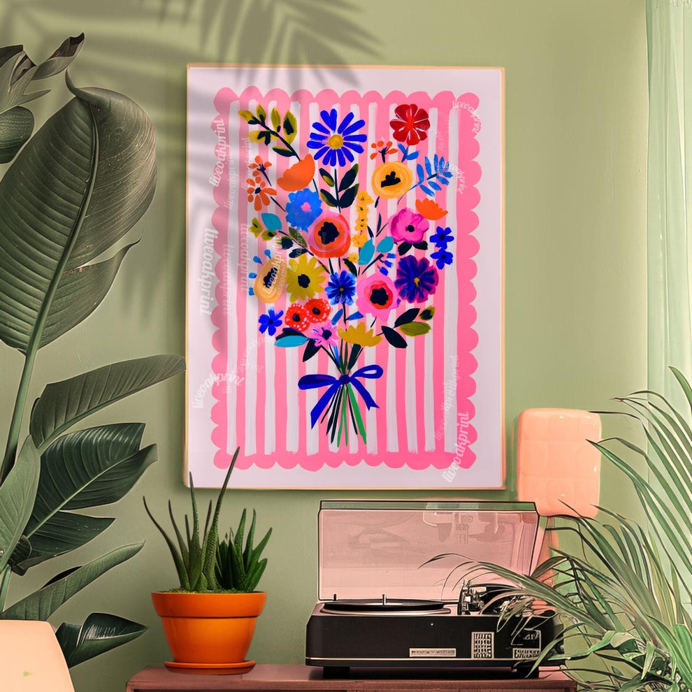 Whimsical Pink Floral Wall Art – Bright Bold Bouquet with Stripes, Colorful Maximalist Flower Print for Bedroom, Gallery Wall Modern Retro