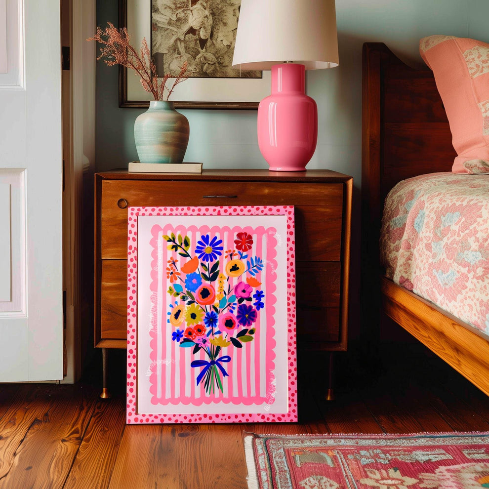 Whimsical Pink Floral Wall Art – Bright Bold Bouquet with Stripes, Colorful Maximalist Flower Print for Bedroom, Gallery Wall Modern Retro