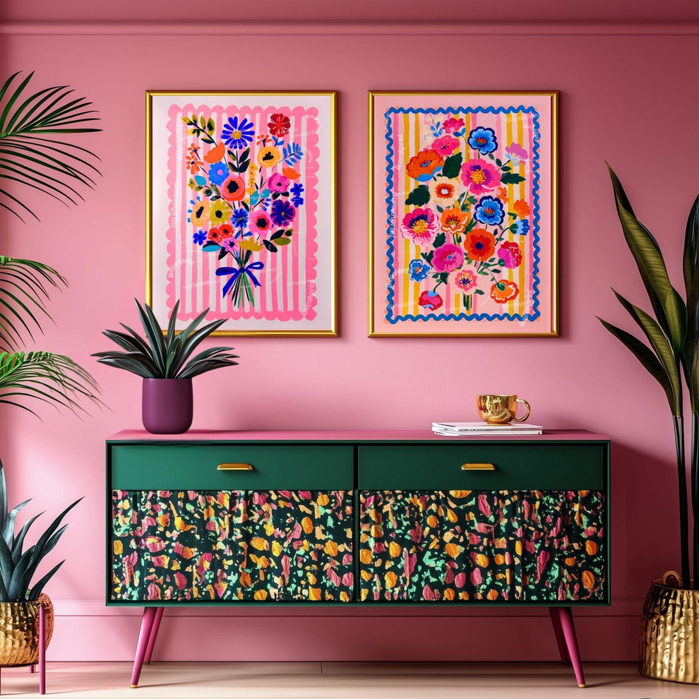 Whimsical Pink Floral Wall Art – Bright Bold Bouquet with Stripes, Colorful Maximalist Flower Print for Bedroom, Gallery Wall Modern Retro