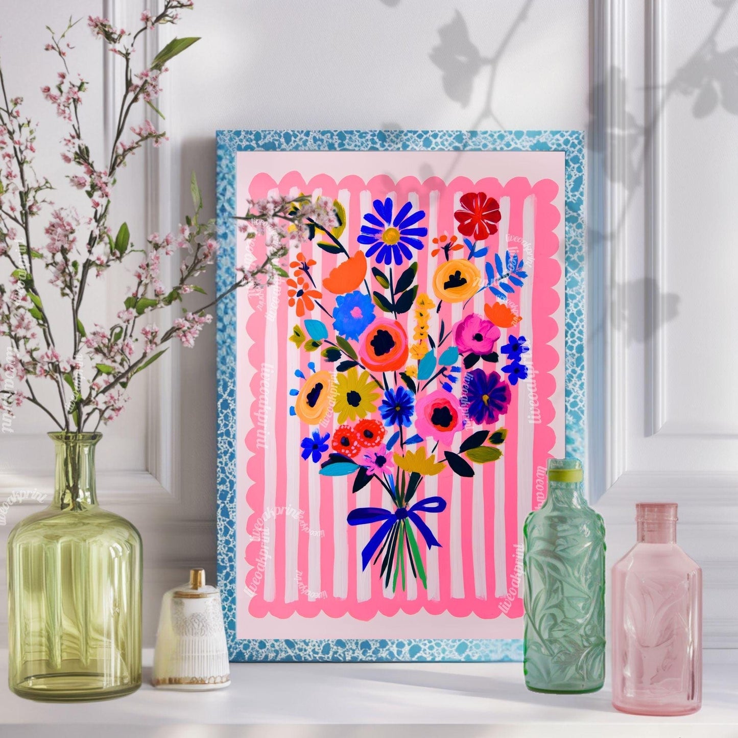 Whimsical Pink Floral Wall Art – Bright Bold Bouquet with Stripes, Colorful Maximalist Flower Print for Bedroom, Gallery Wall Modern Retro