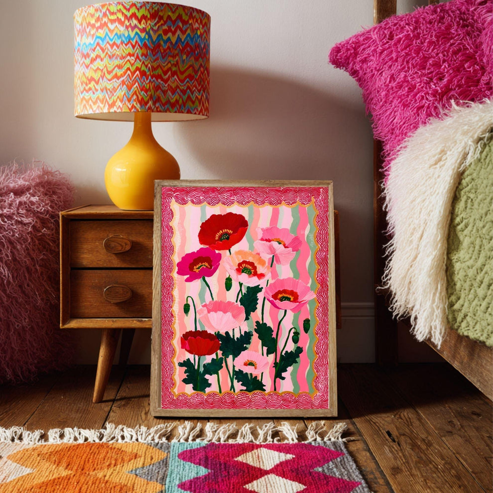 Wavy Poppy Floral Wall Art – Pink and Red Bold Botanical Print, Maximalist Retro Flower Poster for Bedroom, Gallery Wall Eclectic Home Decor