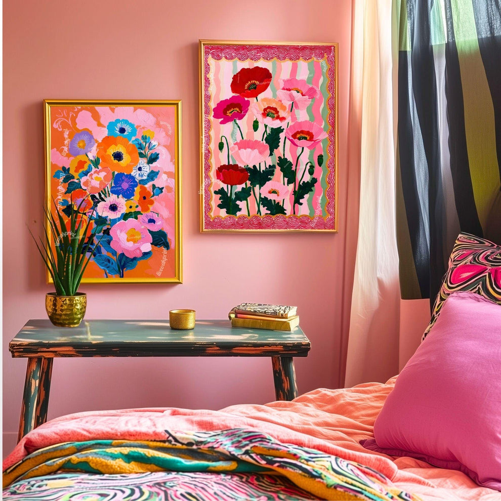 Wavy Poppy Floral Wall Art – Pink and Red Bold Botanical Print, Maximalist Retro Flower Poster for Bedroom, Gallery Wall Eclectic Home Decor
