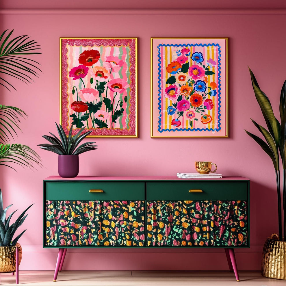 Wavy Poppy Floral Wall Art – Pink and Red Bold Botanical Print, Maximalist Retro Flower Poster for Bedroom, Gallery Wall Eclectic Home Decor