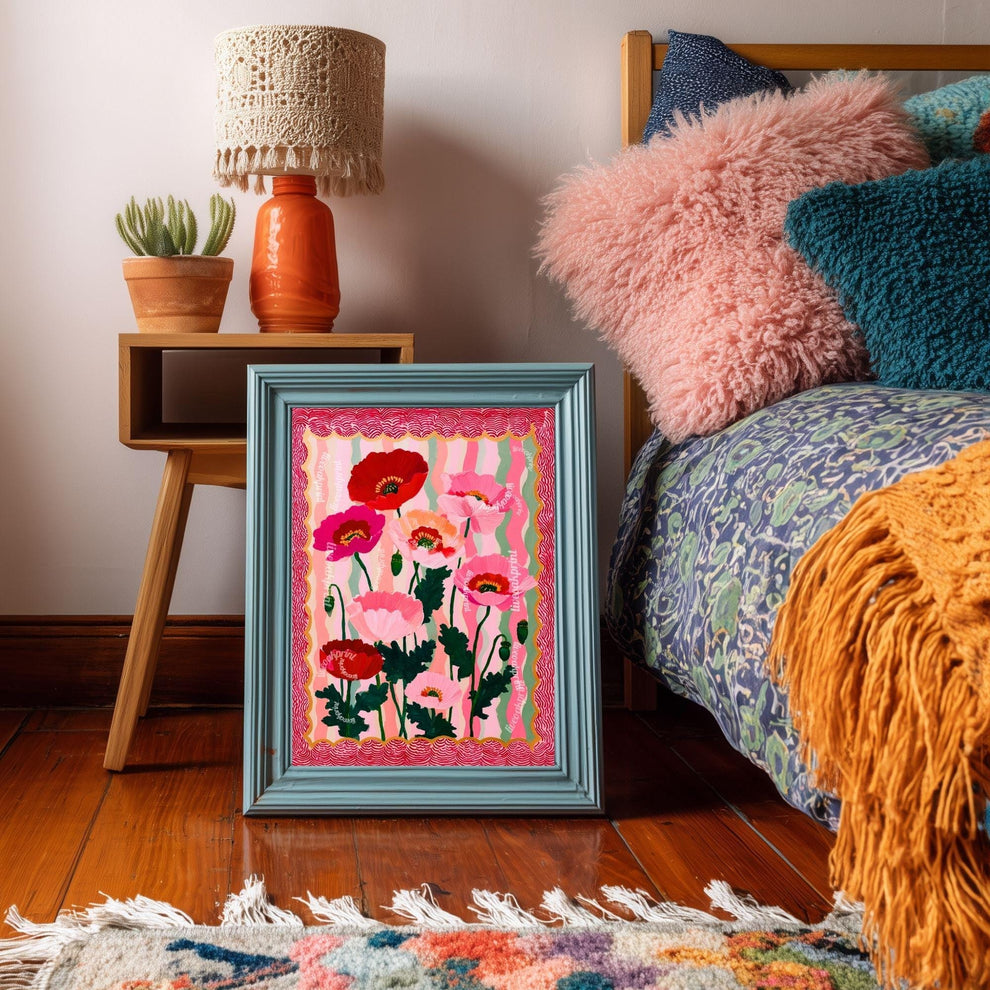 Wavy Poppy Floral Wall Art – Pink and Red Bold Botanical Print, Maximalist Retro Flower Poster for Bedroom, Gallery Wall Eclectic Home Decor