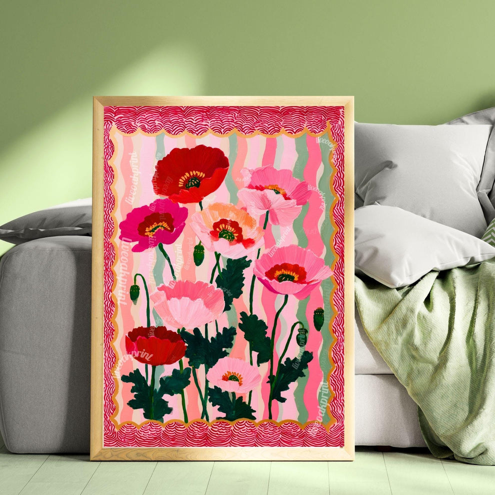 Wavy Poppy Floral Wall Art – Pink and Red Bold Botanical Print, Maximalist Retro Flower Poster for Bedroom, Gallery Wall Eclectic Home Decor