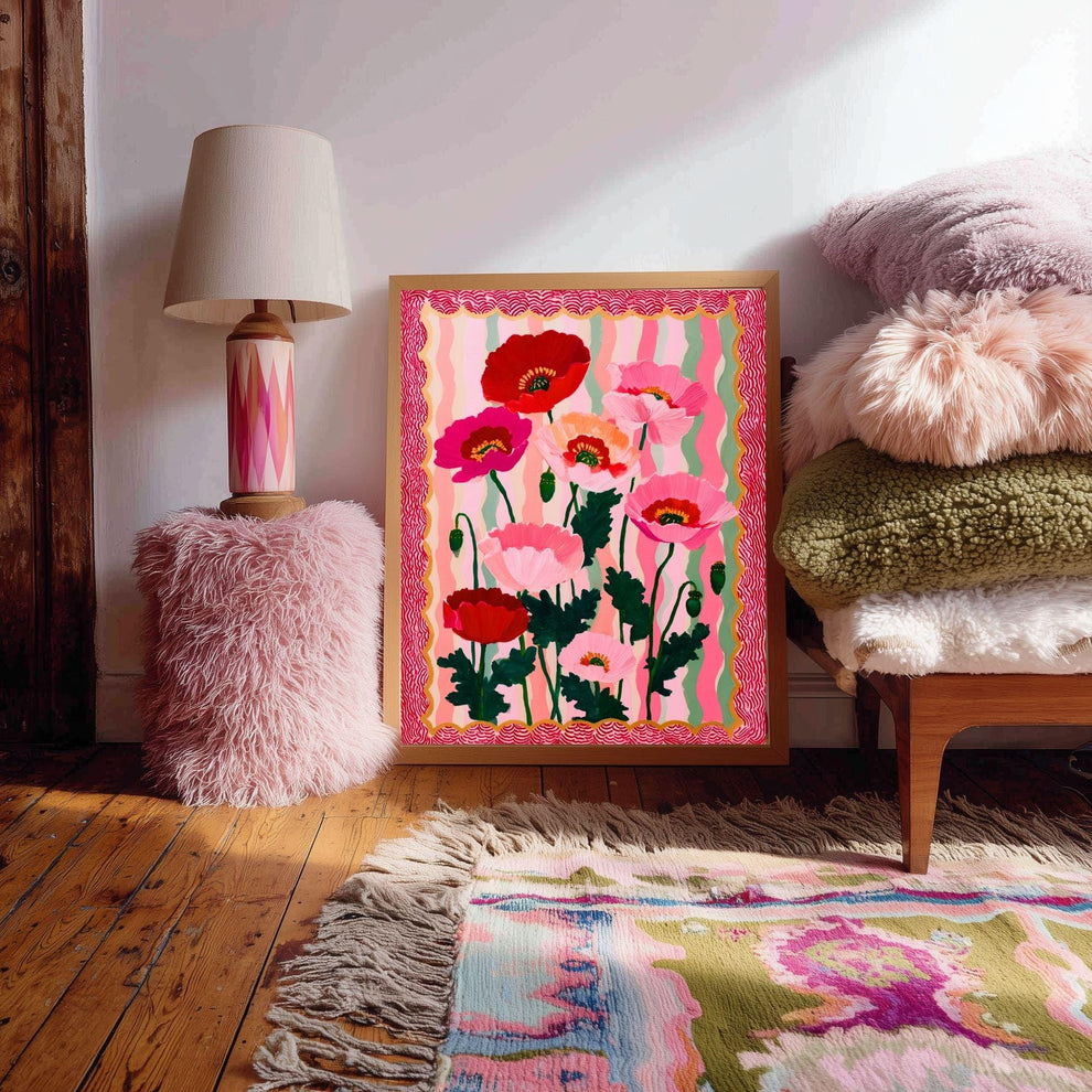 Wavy Poppy Floral Wall Art – Pink and Red Bold Botanical Print, Maximalist Retro Flower Poster for Bedroom, Gallery Wall Eclectic Home Decor