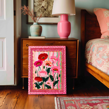 Wavy Poppy Floral Wall Art – Pink and Red Bold Botanical Print, Maximalist Retro Flower Poster for Bedroom, Gallery Wall Eclectic Home Decor