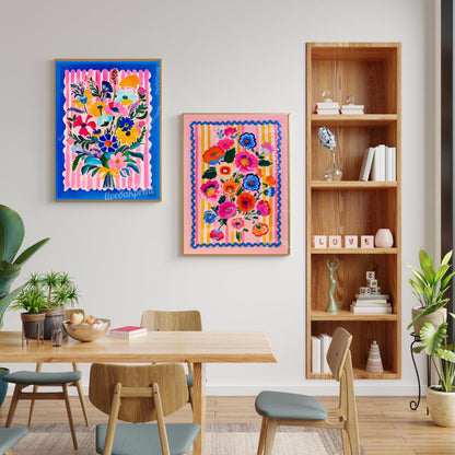 Bright Maximalist Floral Wall Art Set – Colorful Pink and Blue Flowers with Striped Borders – Eclectic Botanical Prints for Bold Home Decor