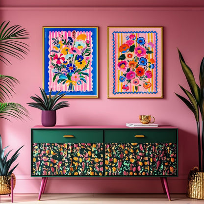 Bright Maximalist Floral Wall Art Set – Colorful Pink and Blue Flowers with Striped Borders – Eclectic Botanical Prints for Bold Home Decor