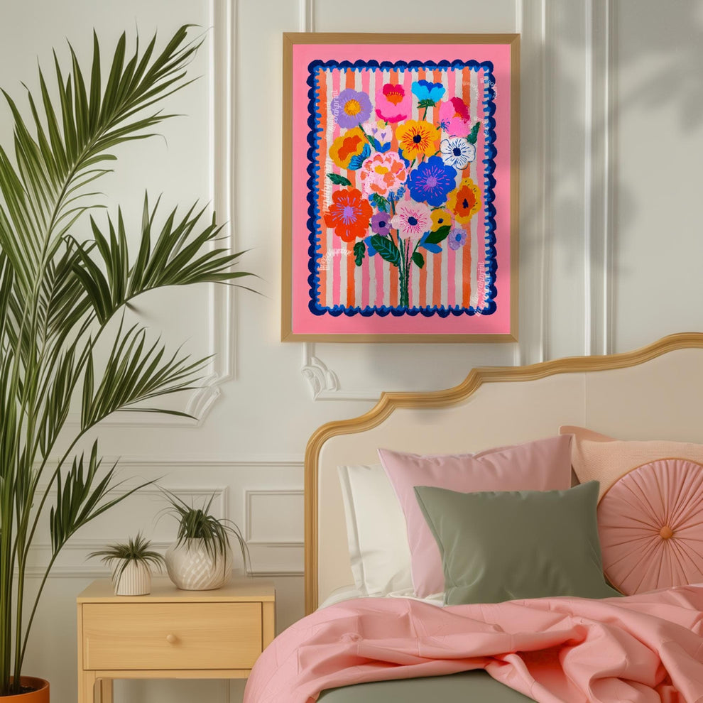 Cheerful Pink Floral Wall Art – Bright Bold Bouquet with Stripes, Colorful Maximalist Flower Print for Bedroom, Gallery Wall Modern Retro