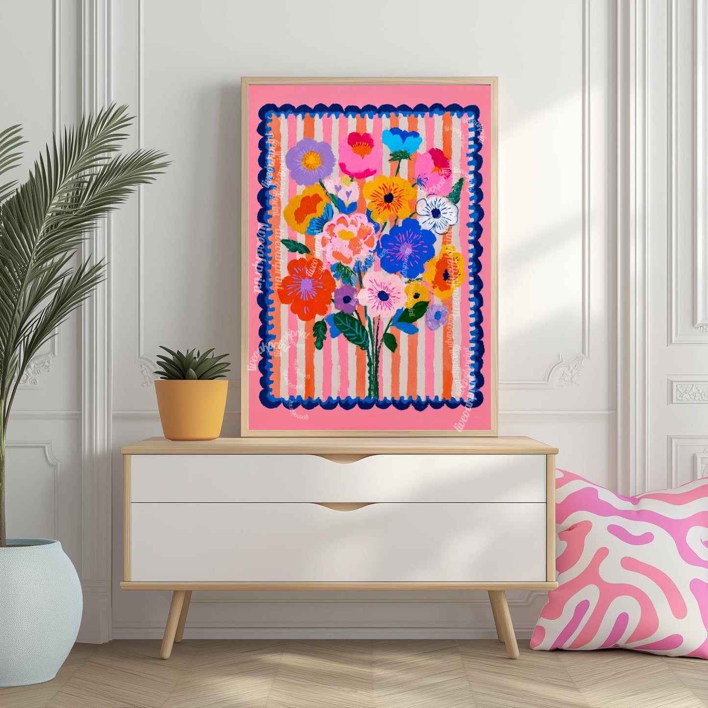 Cheerful Pink Floral Wall Art – Bright Bold Bouquet with Stripes, Colorful Maximalist Flower Print for Bedroom, Gallery Wall Modern Retro