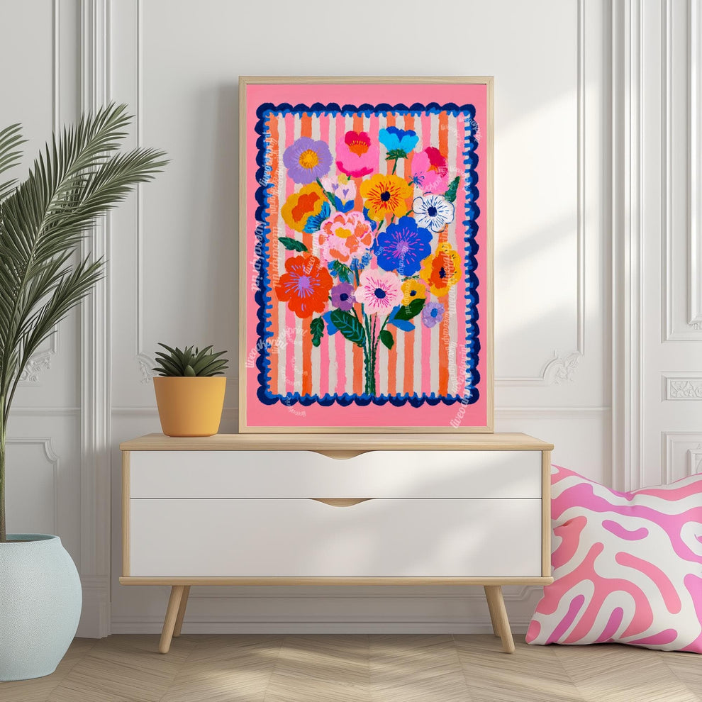 Cheerful Pink Floral Wall Art – Bright Bold Bouquet with Stripes, Colorful Maximalist Flower Print for Bedroom, Gallery Wall Modern Retro