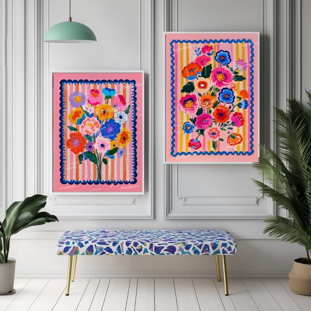 Pink Maximalist Floral Wall Art Set – Colorful Pink Flowers Set Of Two Prinkts – Eclectic Botanical Prints Boho Living Room Wall Art