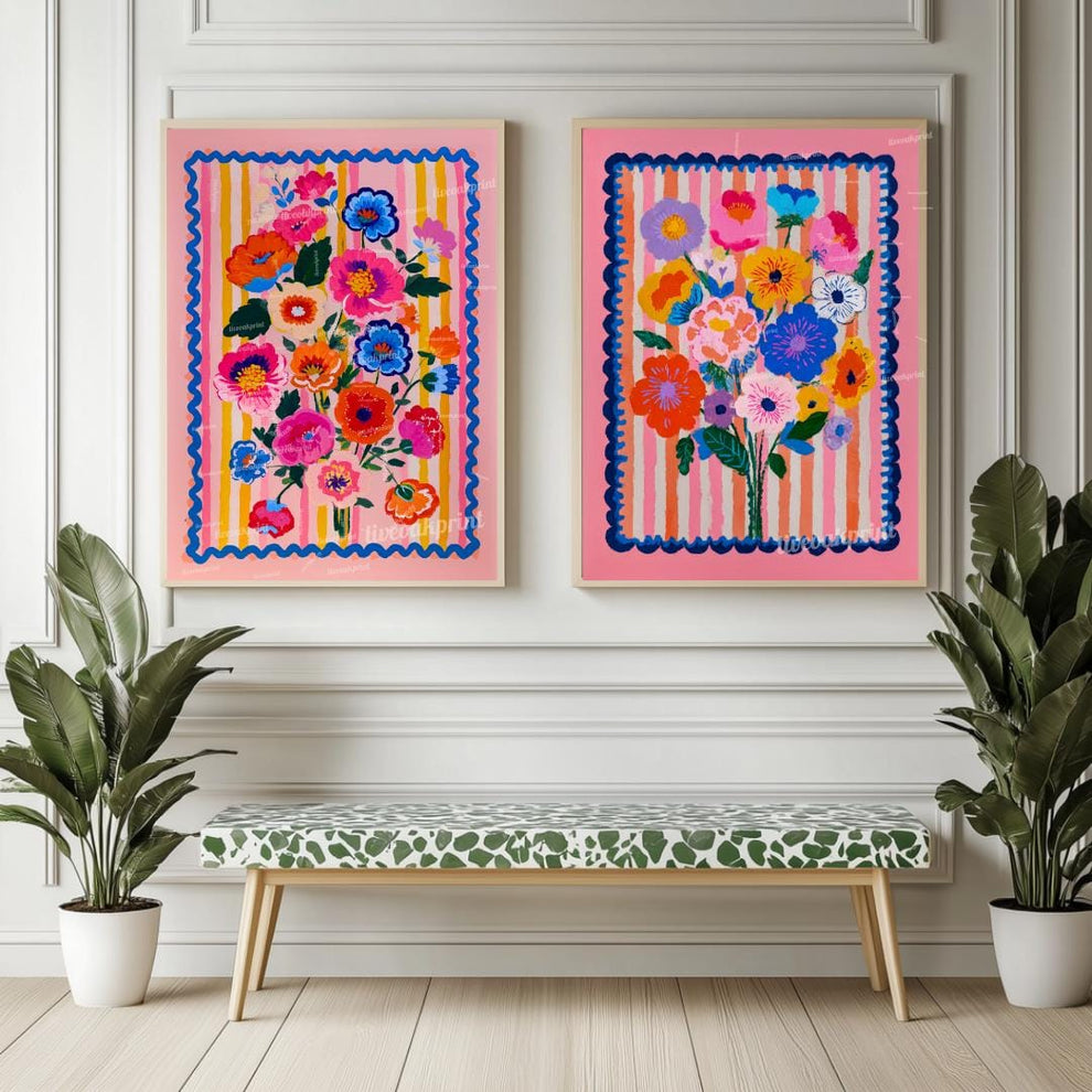 Pink Maximalist Floral Wall Art Set – Colorful Pink Flowers Set Of Two Prinkts – Eclectic Botanical Prints Boho Living Room Wall Art