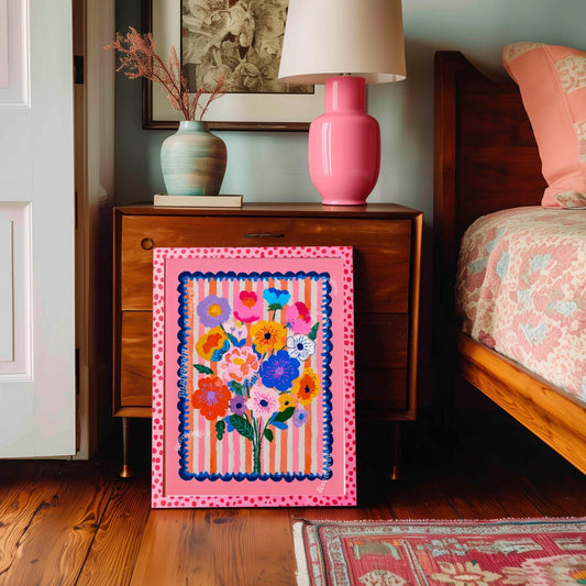 Cheerful Pink Floral Wall Art – Bright Bold Bouquet with Stripes, Colorful Maximalist Flower Print for Bedroom, Gallery Wall Modern Retro