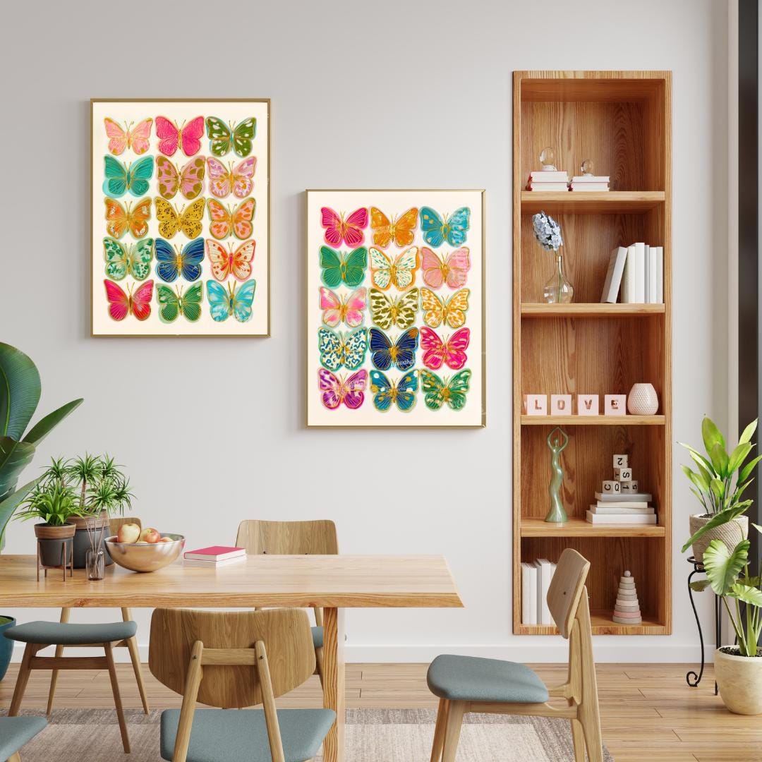 Set of 2 Butterfly Wall Art Prints – Colorful Maximalist Decor Boho Bedroom Art Playroom Decor or Eclectic Gallery Walls Pink Dorm Decor