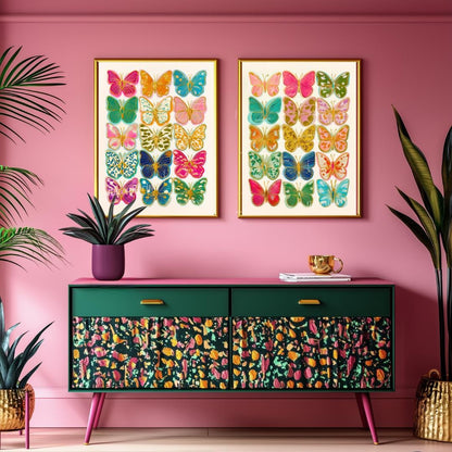 Set of 2 Butterfly Wall Art Prints – Colorful Maximalist Decor Boho Bedroom Art Playroom Decor or Eclectic Gallery Walls Pink Dorm Decor