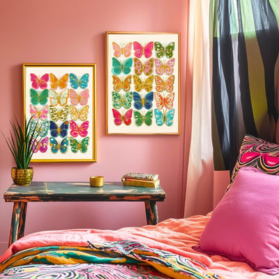 Set of 2 Butterfly Wall Art Prints – Colorful Maximalist Decor Boho Bedroom Art Playroom Decor  or Eclectic Gallery Walls Pink Dorm Decor