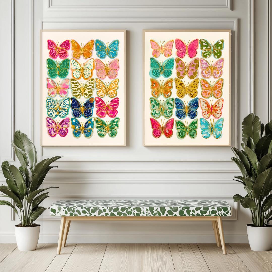 Set of 2 Butterfly Wall Art Prints – Colorful Maximalist Decor Boho Bedroom Art Playroom Decor or Eclectic Gallery Walls Pink Dorm Decor